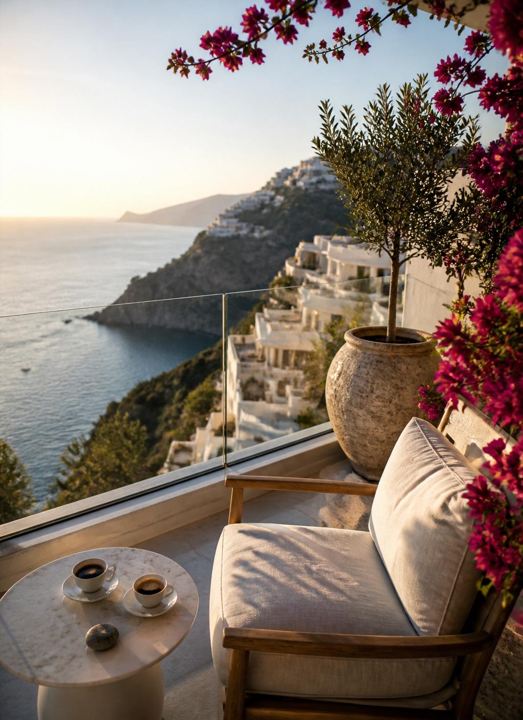 Luxury Mediterranean balcony overlooking the sea at golden hour